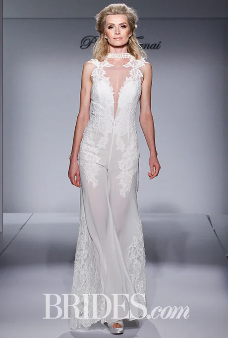 "Style 4453" ivory, silk, chiffon jumpsuit with lace appliques and illusion back, Pnina Tornai for Kleinfeld Photo: Gerardo Somoza / Indigitalimages.com