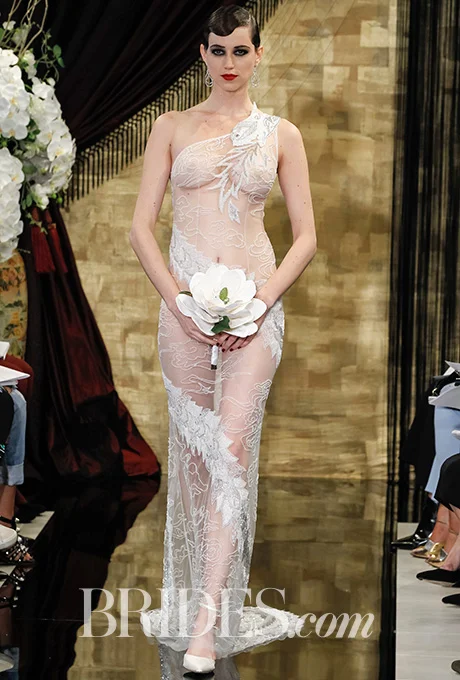 "Khaleesi" diamond white tulle one shoulder gown encircled with a hand embroidered crystal and sequin mirror dragon, Theia Photo: Gerardo Somoza / Indigitalimages.com