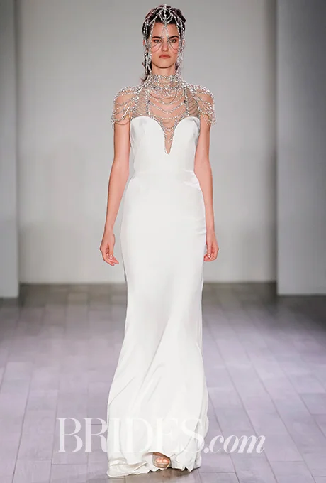 "Freddie" silk-crepe sheath wedding dress with an intricately draped and beaded neckpiece of alabaster, rhinestone, and chain, Hayley Paige Photo: Gerardo Somoza and Alberto Maddaloni / Indigitalimages.com