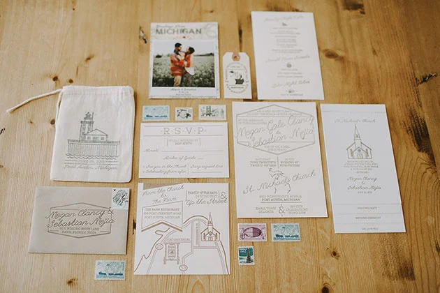 Sebastian designed Megan's engagement ring and wedding band, using petal-like shapes to complement the sparkling center stone. "Our passion as a couple is our 1942 Chandler & Price Letterpress," Megan says. So you can bet the bride and groom put it to good use, designing and printing their invitation suite and every piece of paper used throughout their wedding day.