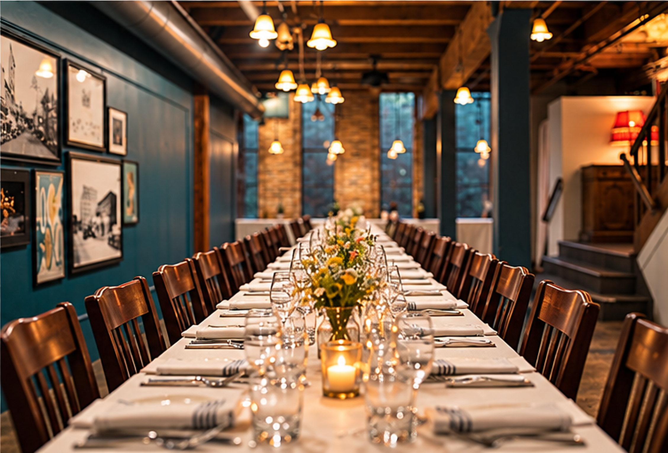 Warmly lit private dining room at Ambrosia Restaurant & Bar, ready for an intimate holiday celebration in Eugene, Oregon.