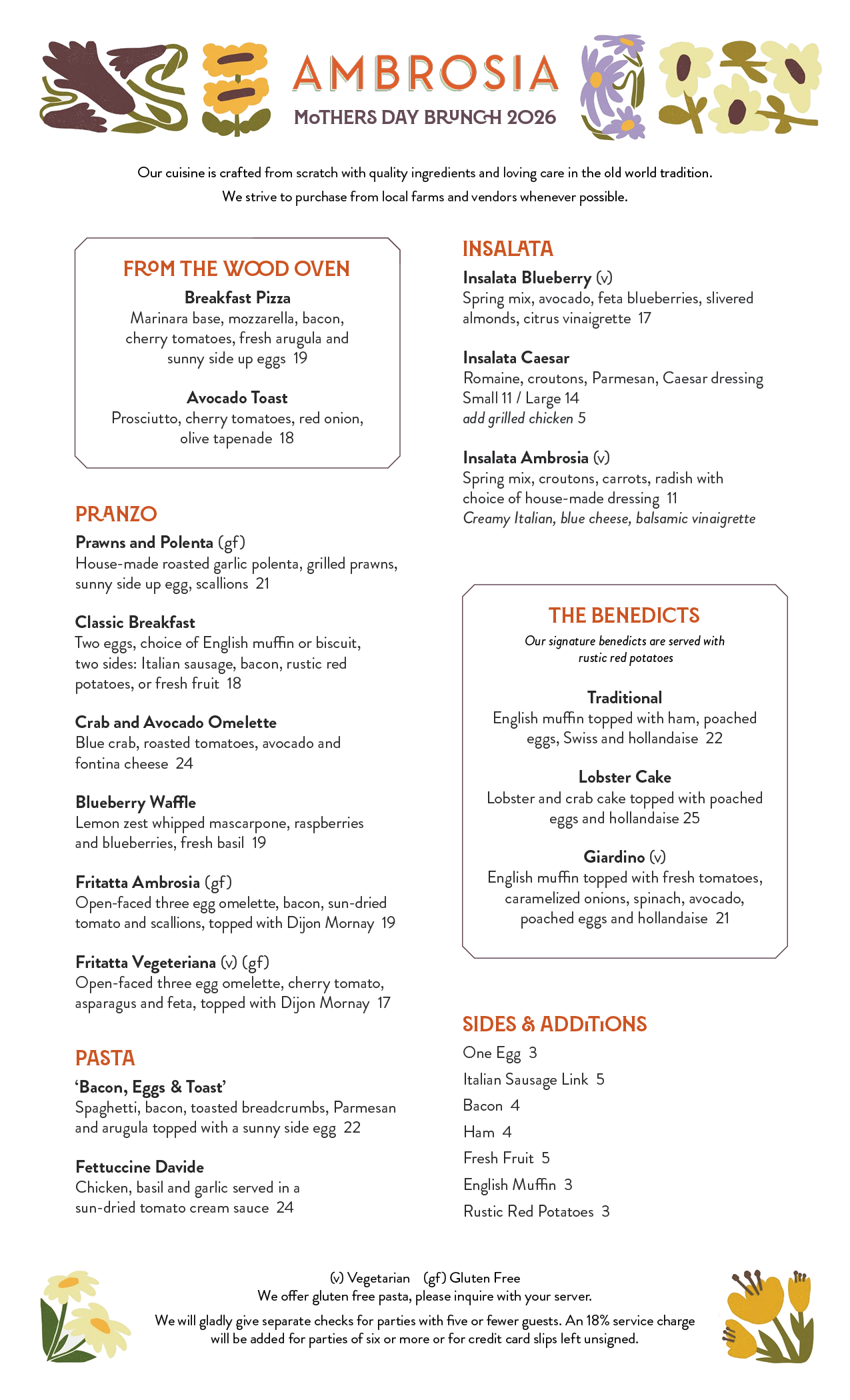 Menu for Ambrosia Mother’s Day Brunch 2026, featuring sections for from the wood oven, salad, pasta, sides & additions, with decorative floral elements at the top and bottom.