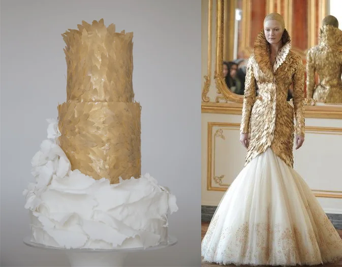 Gold feather cake inspired by Alexander McQueen gown