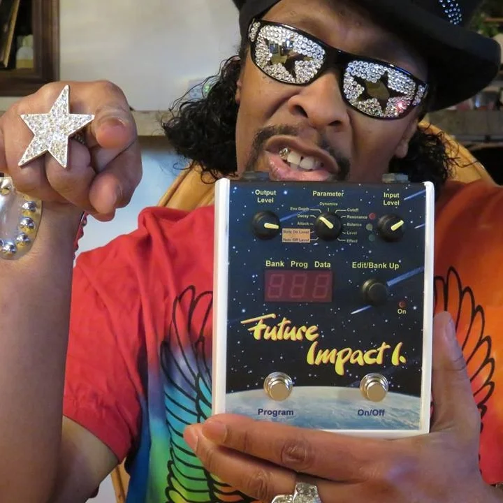 Bootsy Collins "The best Bass Synthesizer pedal hands up or down. The Future Impact, Built to Blast! Now, where'd u get yr Funk from? Bootsy baby!!!"