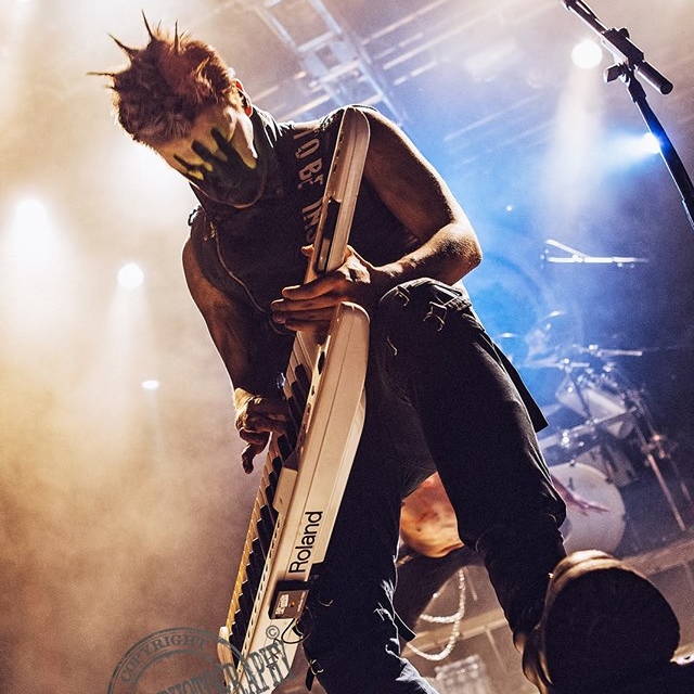 Lasse MidiBeam in action. Lasse Raelahti playing his keytar in Fear of Domination. (photo by Teemu Siikarla)