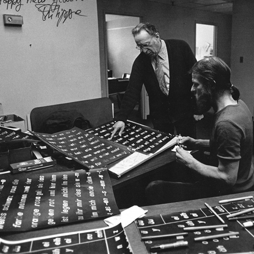 Caleb Gattegno with colleague at Educational Solutions' headquarters in New York, 1988.
