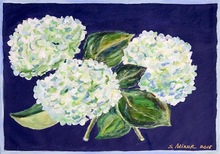 White hydrangea on navy placemat