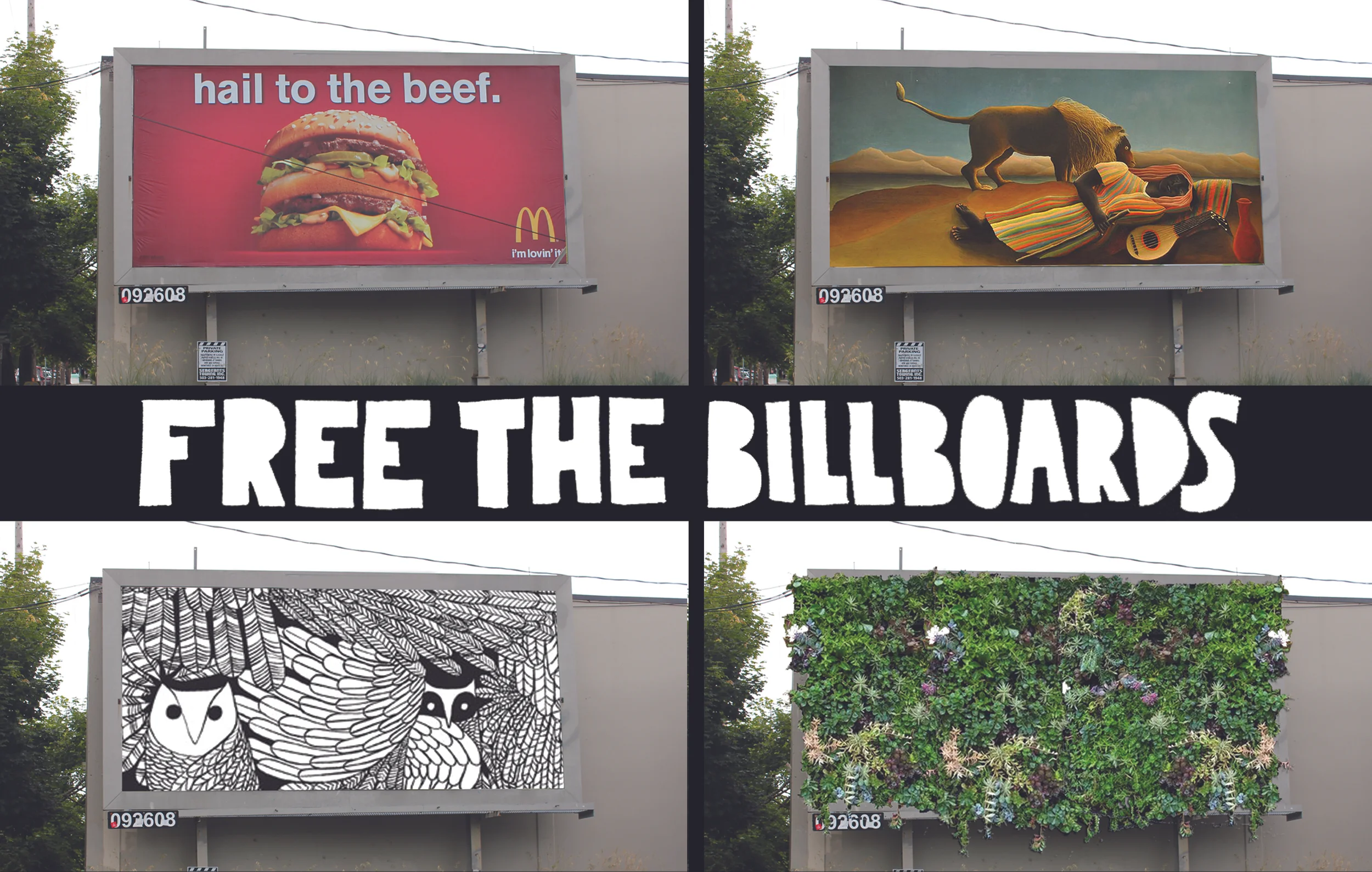 Free the Billboards, Portland, 2012 The project used Viewmasters as a medium to dialogue with the public about the visual space currently used for advertising in Portland. Community members were invited to reimagine billboard space and asked what they would rather see on walls in their neighborhoods. Responses ranged from poetry to murals to vertical gardens. The responses were collected and photoshopped in over images of local billboards, and then compiled into custom Viewmaster slides. Two Viewmaster stands were installed across from billboards, so that pedestrians passing by could peer in to glimpse an alternate reality-- a series of options of what the wall in front of them would look like if it wasn't an advertisement. The interactive Viewmaster stands were a collaboration between Nina Montenegro and Gustav Sculptor. This project was generously funded by a grant from Awesome Portland . Photos of the project by Alex Milan Tracy.