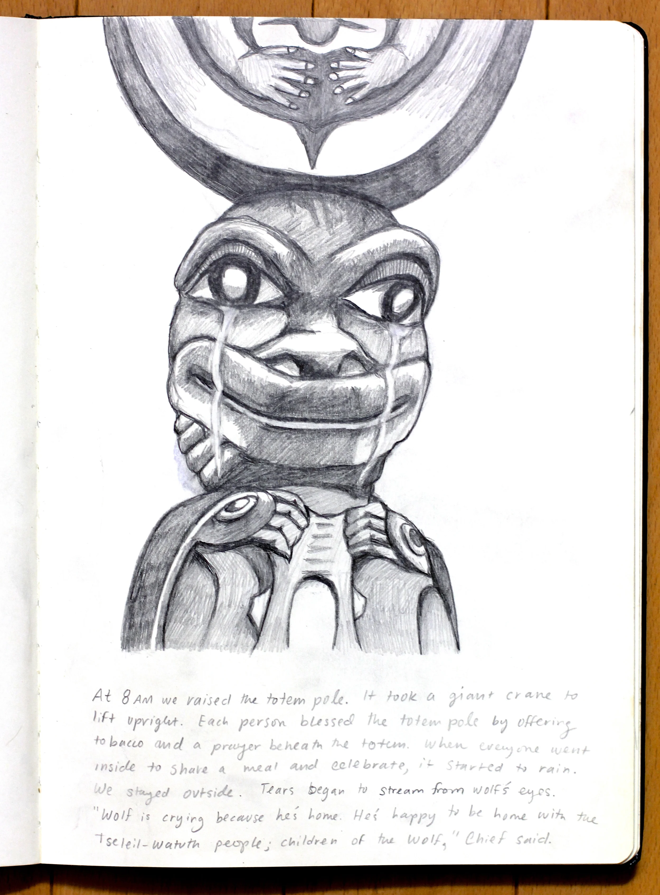 Sketch for a project with the Lummi Nation, 2014. The Lummi are fighting a major coal export proposal at Cherry Point. Jewell "Praying Wolf" James and the House of Tears Carvers have made multiple totem pole journeys to raise awareness and fortify the bonds between communities affected by extraction and export across the US.