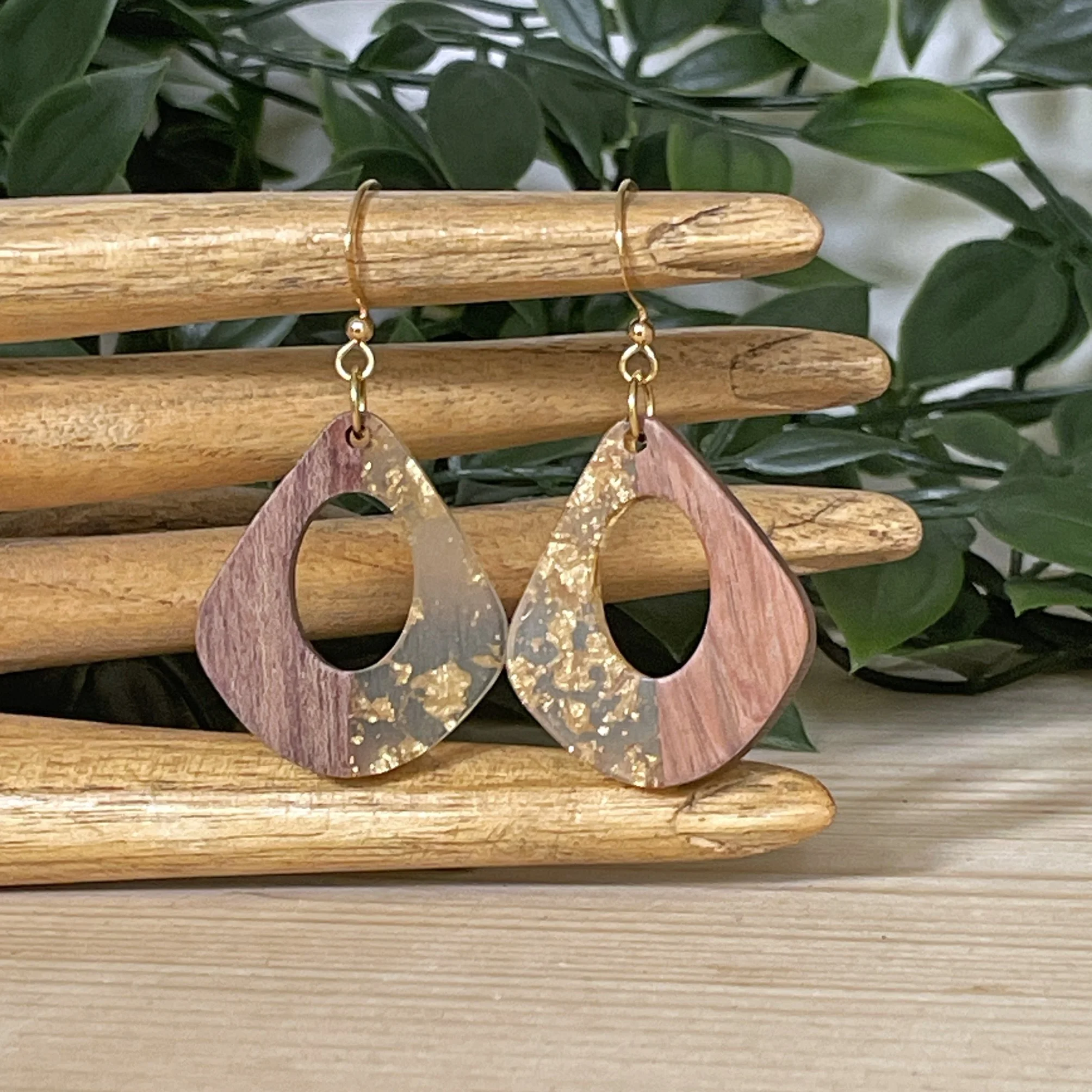 Star Drop Earrings, Cream Resin and Wood