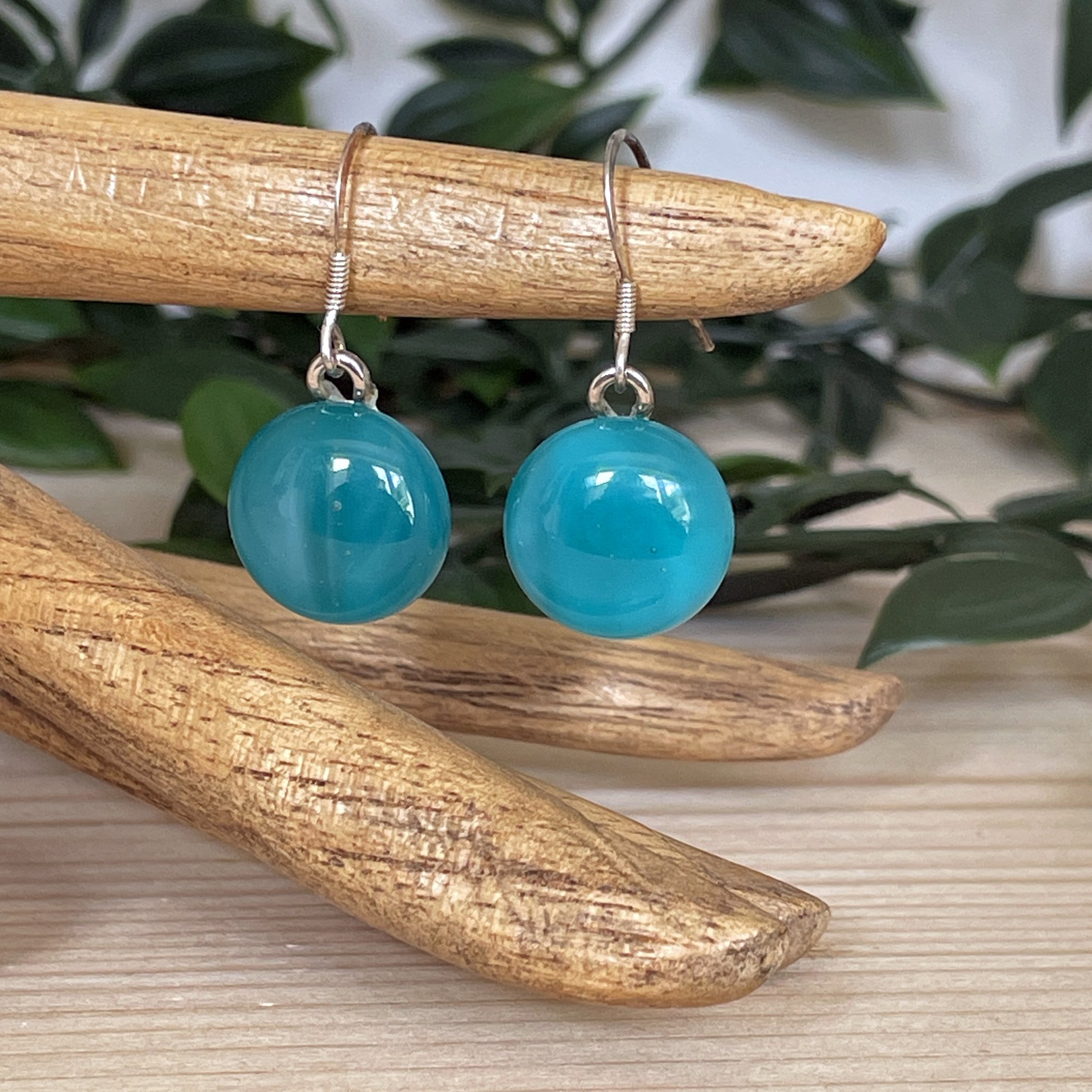 Handmade Fused Glass Drop Earrings, Marbled Emerald