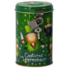 Irish Soft Toy Captured Leprechaun In Moneybox Tin  5.5" Tall Comes with 2 Keys 
