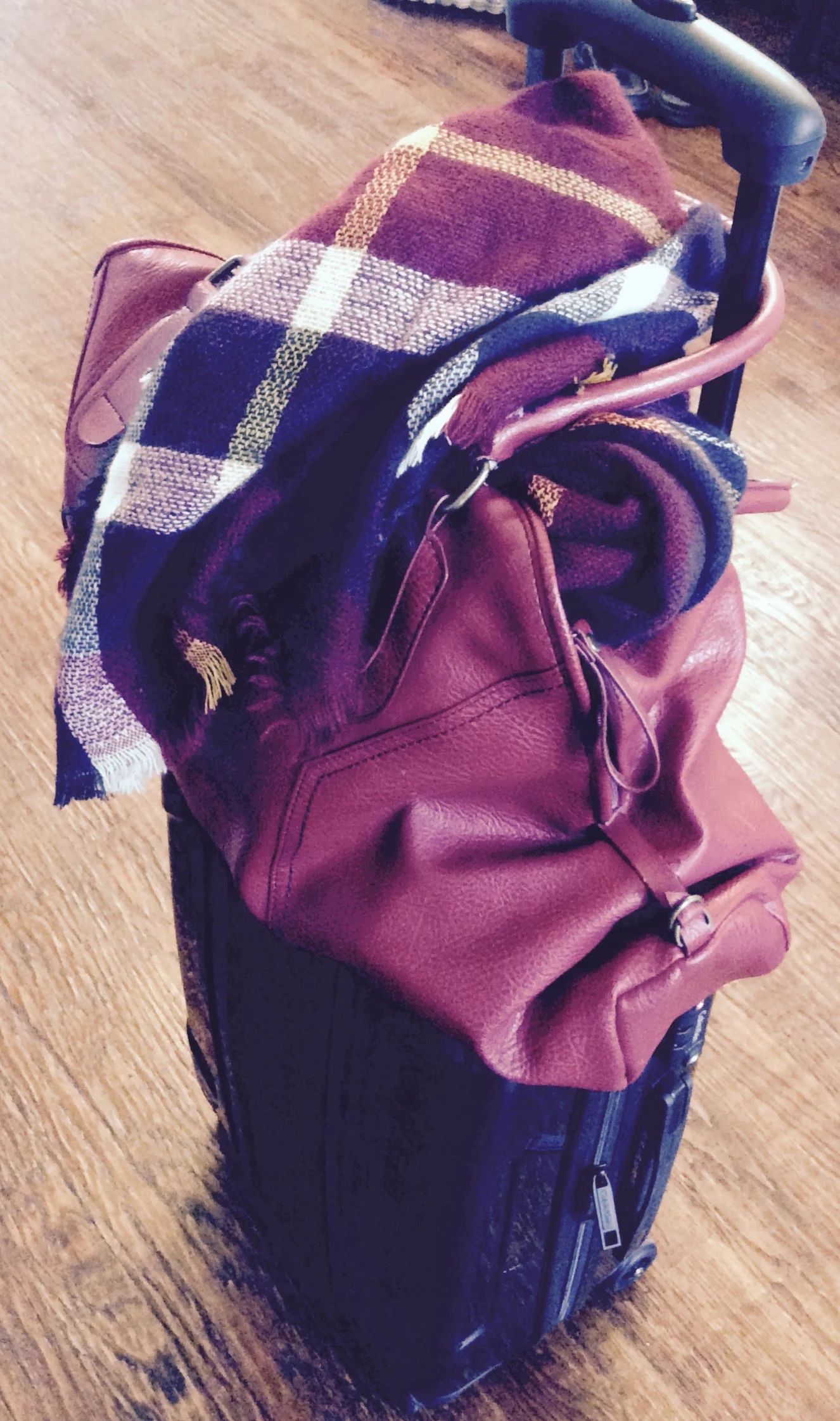 My Travel Standard: Vintage Big Buddha Sack, Hard case Roller carry-on...and my new love, the unbelievably versatile blanket scarf!