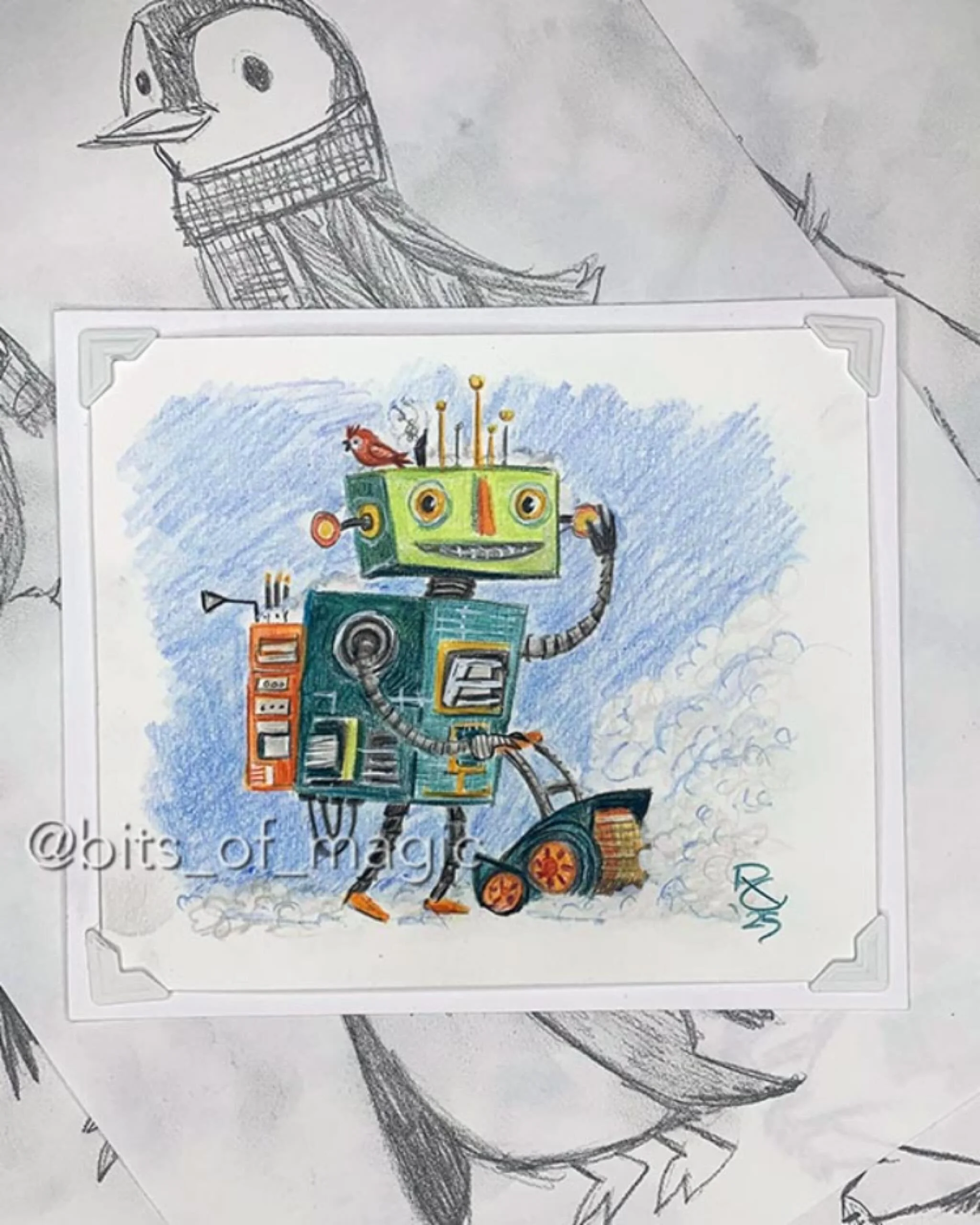 I created this little robot snow helper for my midwestern brethren, who, like me, is headed out again this morning to shovel the 5 inches we got last night.  If someone wants to actually build him, I&rsquo;d be so grateful!

He&rsquo;s just a colored