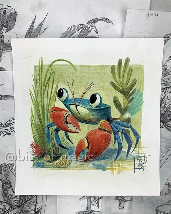 Here&rsquo;s a little crab reminding you not to be grumpy because it&rsquo;s Monday, but to be happy because there will still be light when you get home tonight! 

Over the weekend I went through a ton of old work.  I found some stuff that I had been