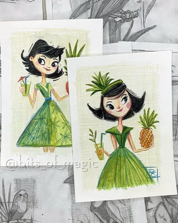 It&rsquo;s Friday! 
Don&rsquo;t ask me what possessed me to sketch four pages of pineapples in various settings.  I have no recollection whatsoever, but I thought it would be a good backdrop for me to try a fun little person. (I&rsquo;m not one to dr