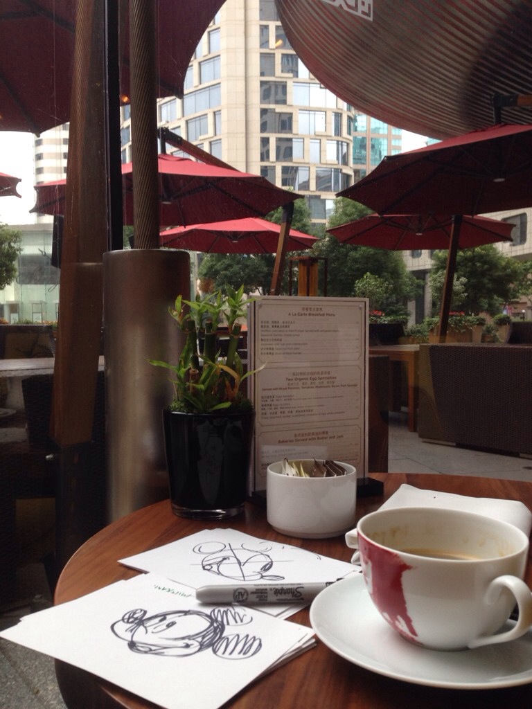 The first morning there, before the taping, I had to brush up one more time on drawing Mickey at my breakfast spot in the hotel I was staying at the Andaz, Shanghai.