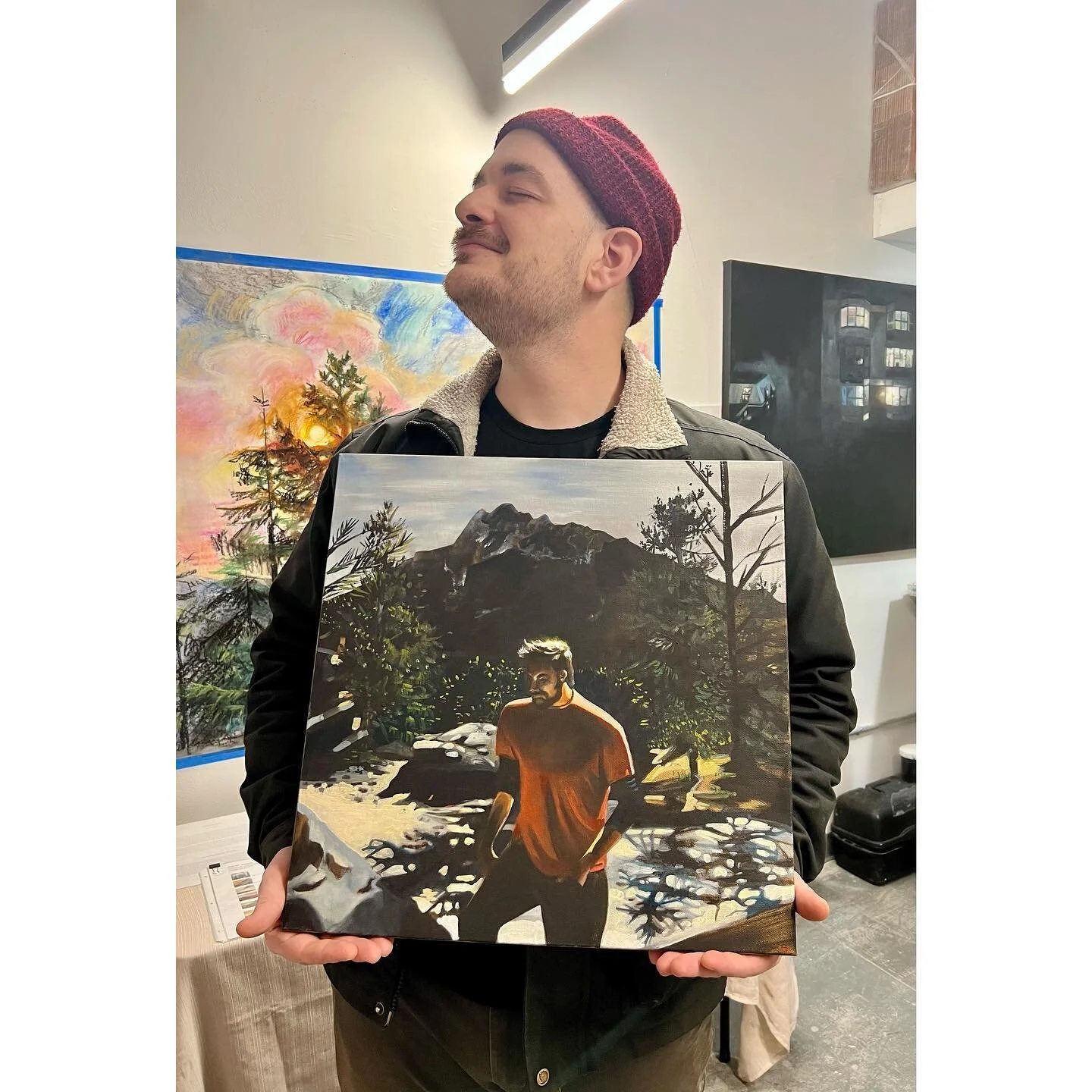 My muse Ed Flynn  at last night&rsquo;s open studios @corneliaartsbuilding. This was from a trip from 6 years ago. 🤯 best times in Colorado. @edflynnnn 

Sunlight (Ed)
2017
Oil on canvas
18 x 18 inches

#painting #paintings #paintingpeople #painting