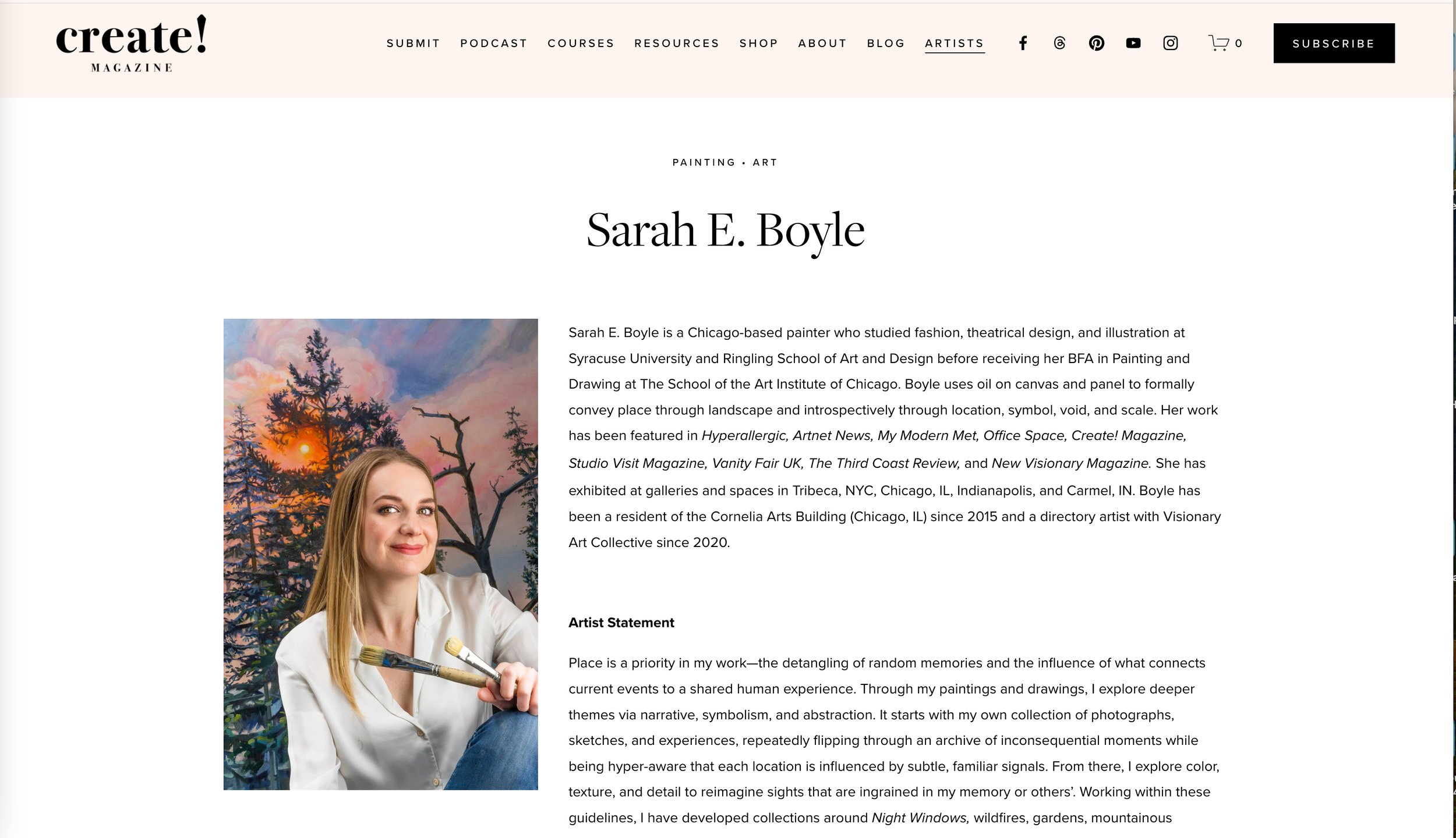 Sarah E. Boyle Artist Interview, Create! Magazine, https://www.createmagazine.co/artists/sarah-e-boyle?rq=sarah%20boyle