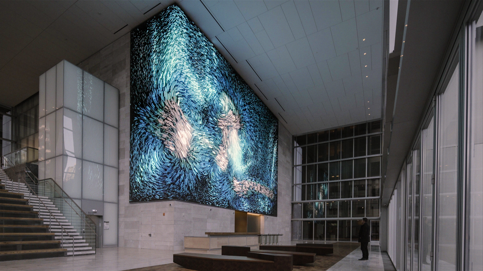 Virtual Depictions by Refik Anadol, commissioned for the 350 Mission Building in San Francisco. A series of data sculptures visualize local weather patterns and social media activity.
