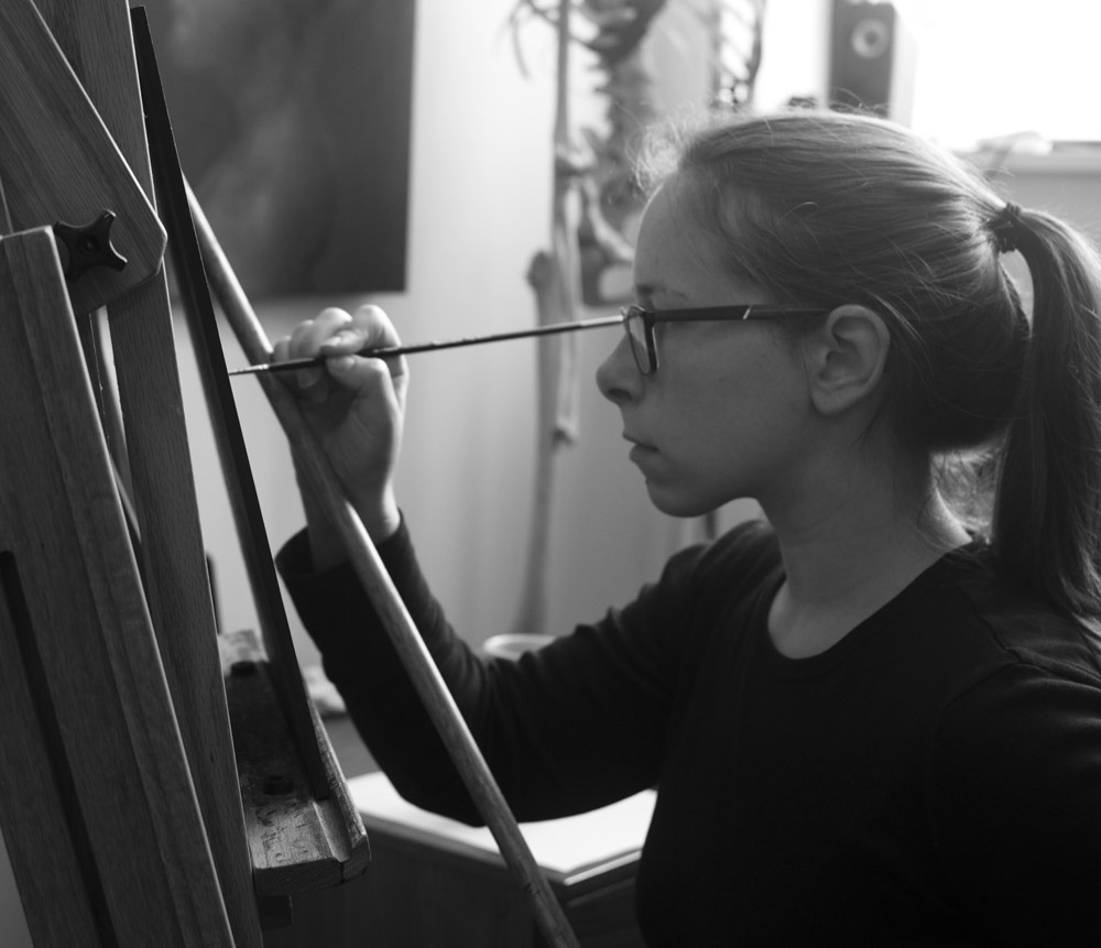 Born in 1987 in the small town of Waterville, Ohio, Erin was immersed in art from a young age. Enrolling in her first art lessons at seven years old, she spent her early years learning to paint and draw copying works of the old masters and spending summers drawing from life at the Toledo Museum of Art. In 2009 she earned a B.A. in Psychology and Entrepreneurship from Miami University. Upon graduation she decided to enroll in an independent program called The Waichulis Studio and later moved to Bethlehem, Pennsylvania where she lives and works today. Her work has been featured in national publications as well as exhibitions throughout the U.S. She is represented by Dacia Gallery in New York. I am inspired by complex dynamics and relationships within individuals and groups. Working on copper sheet, my compositions remain anchored in representational figure painting juxtaposed by abstraction. To explore the connective nature of our experience, I make visual comparisons between the figure and systems in nature. I find that studying the ways in which nature is connected informs the ways I create atmosphere within and around my subjects. My intention is to make inference into the dynamic and flow of the subjects in my work by etching complex designs into the copper substrate. The ensuing work is an exploration of our relationships to one another and the mechanism through which we are connected." www.erinandersonstudio.com