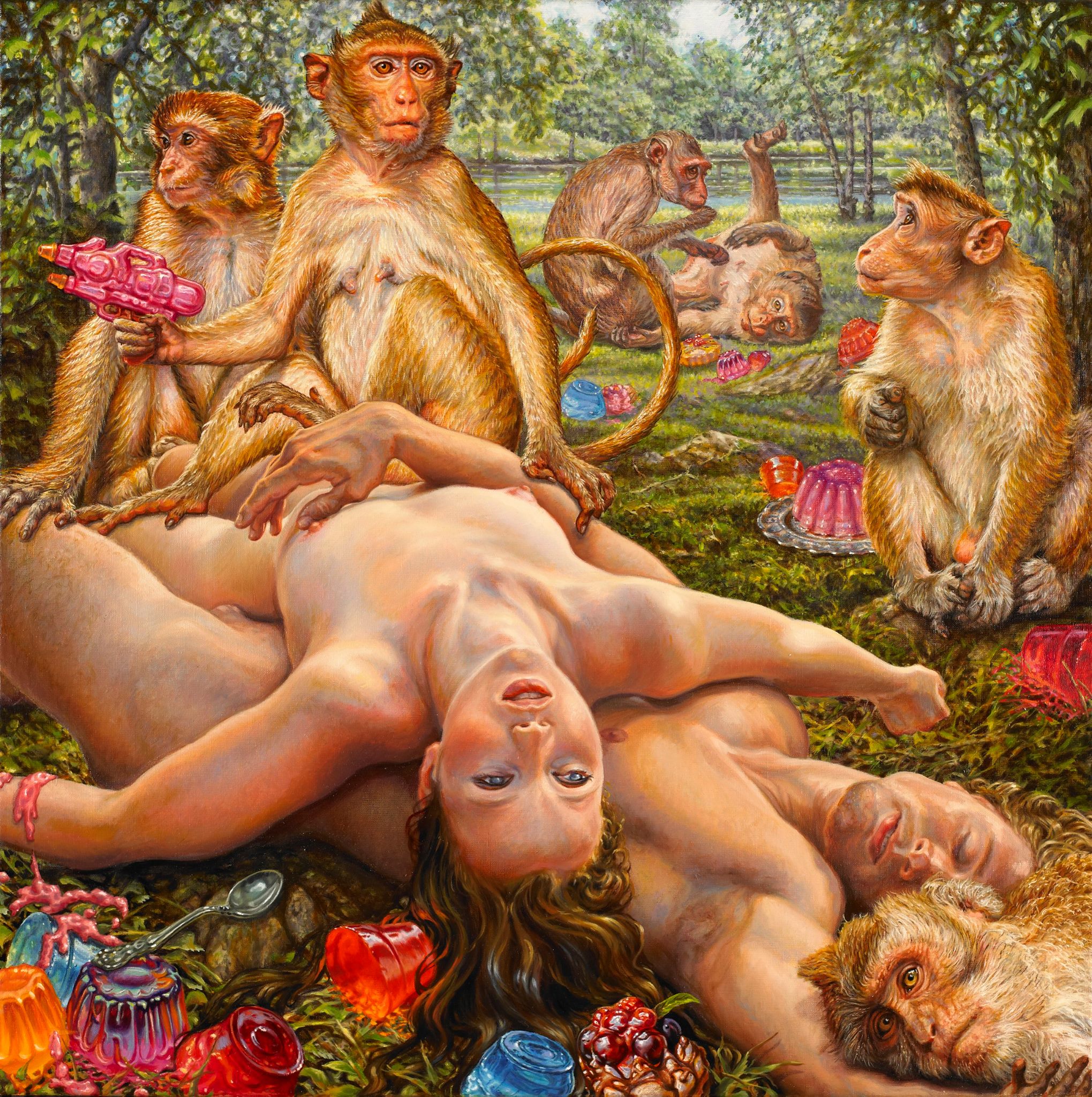 SUSANNAH MARTIN Le De ́jeuner sur L ́herbe est fini Oil on linen 27 1/2 × 27 1/2 in