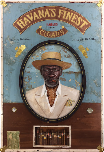 Jules Arthur, Havana’s Finest | oil on wood panel, constructed wooden box frame, fabric, leather, 23k gold leaf lettering, brass hardware, cigars from Cuba, mixed media | 41 x 60 x 4 inches | 2016