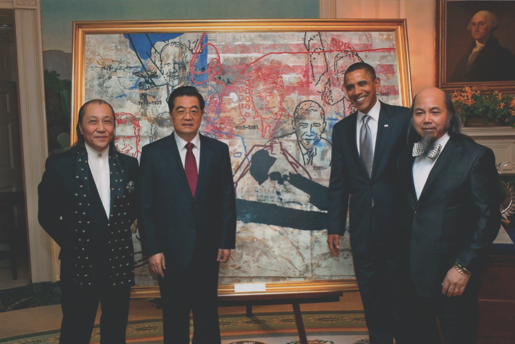 The Zhou Brothers present a painting from President Obama to the President of China Hu Jintao. Image Courtesy: Zhou Brothers Studio
