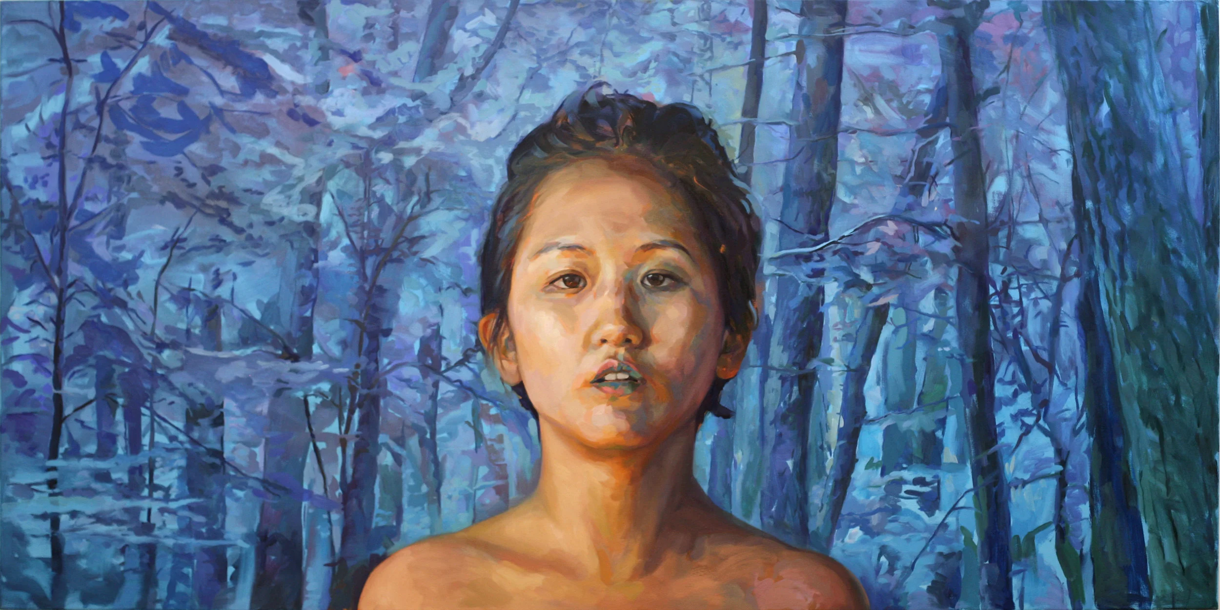 Jieun Beth Forest , oil on canvas, 36” x 72”, 2016 Artist Jieun Beth , as her name indicates, is both Korean and American. The conflicting and competing colors and patterns in her portrait mirror her upbringing traveling between Korea and the United States. Her beauty attracts the viewer while the cool colors in the skin make the flesh is unsettling.