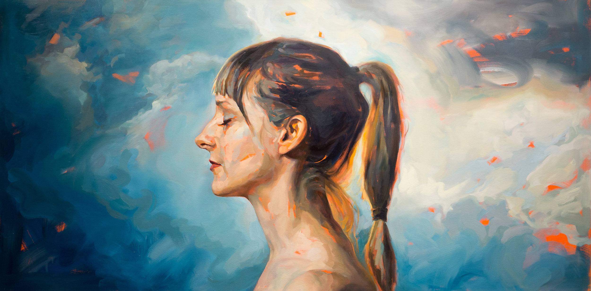 Misha Sky , oil on canvas, 36” x 72”, 2016 Misha Blaise is a painter who just published and illustrated her first book, “This Phenomenal Life: The amazing ways we are connected with our universe”. Though whimsical illustrations, Misha leads her audience through complex cycles and mysterious processes of our universe revealing our deep interconnectedness and unity. Her prayerful, meditative spirit his portrayed through closed eyes in her portrait.