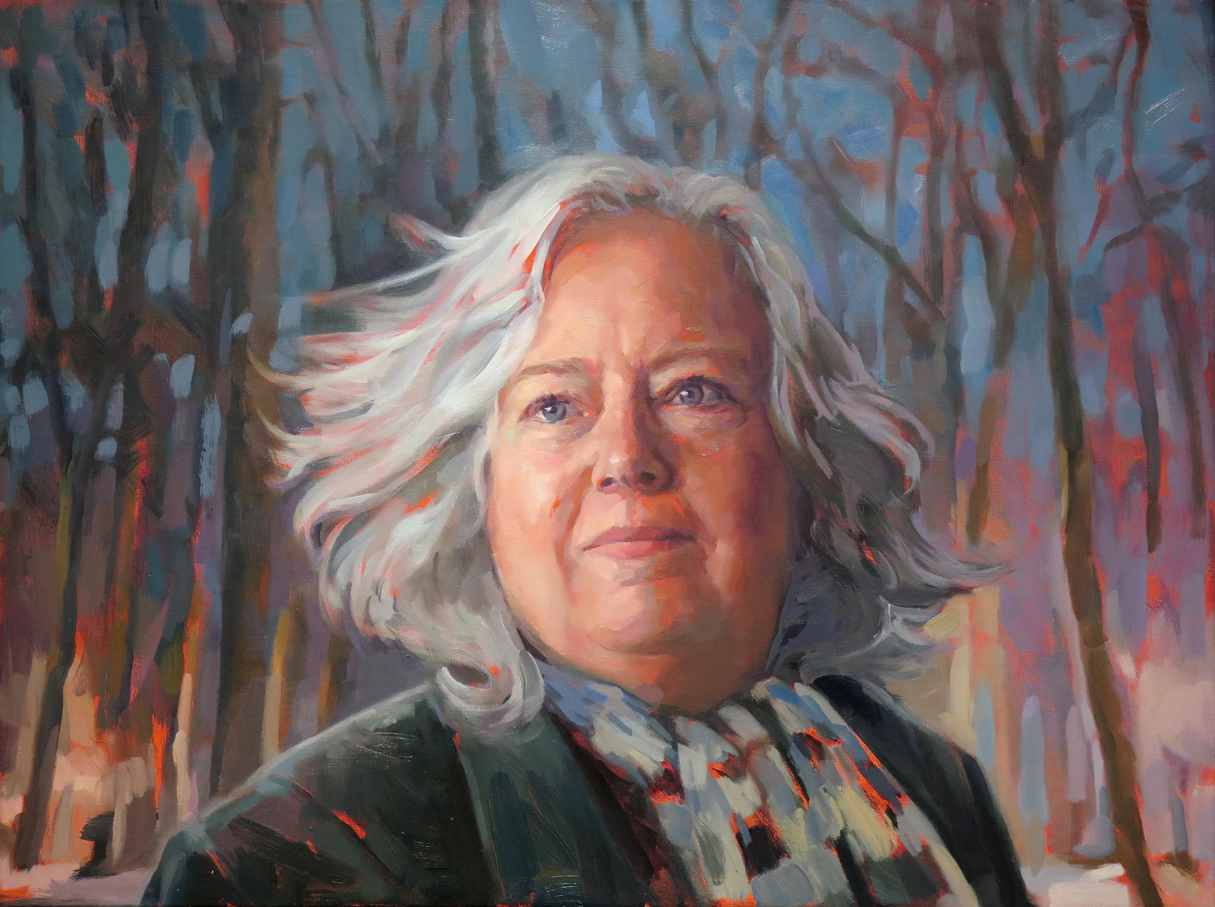 Johnnie Snow , oil on canvas, 36” x 72”, 2016 Painter Johnnie Sielbeck and I paint together weekly at the studio of Jennifer Balkan. This portrait was created for the Painters Painting Painters exhibition at Davis Gallery in fall of 2016. Each artist was assigned in the exhibition was assigned to paint two other artists, as well as a self-portrait. In this painting Johnnie is the hero of a yet to be written movie. 