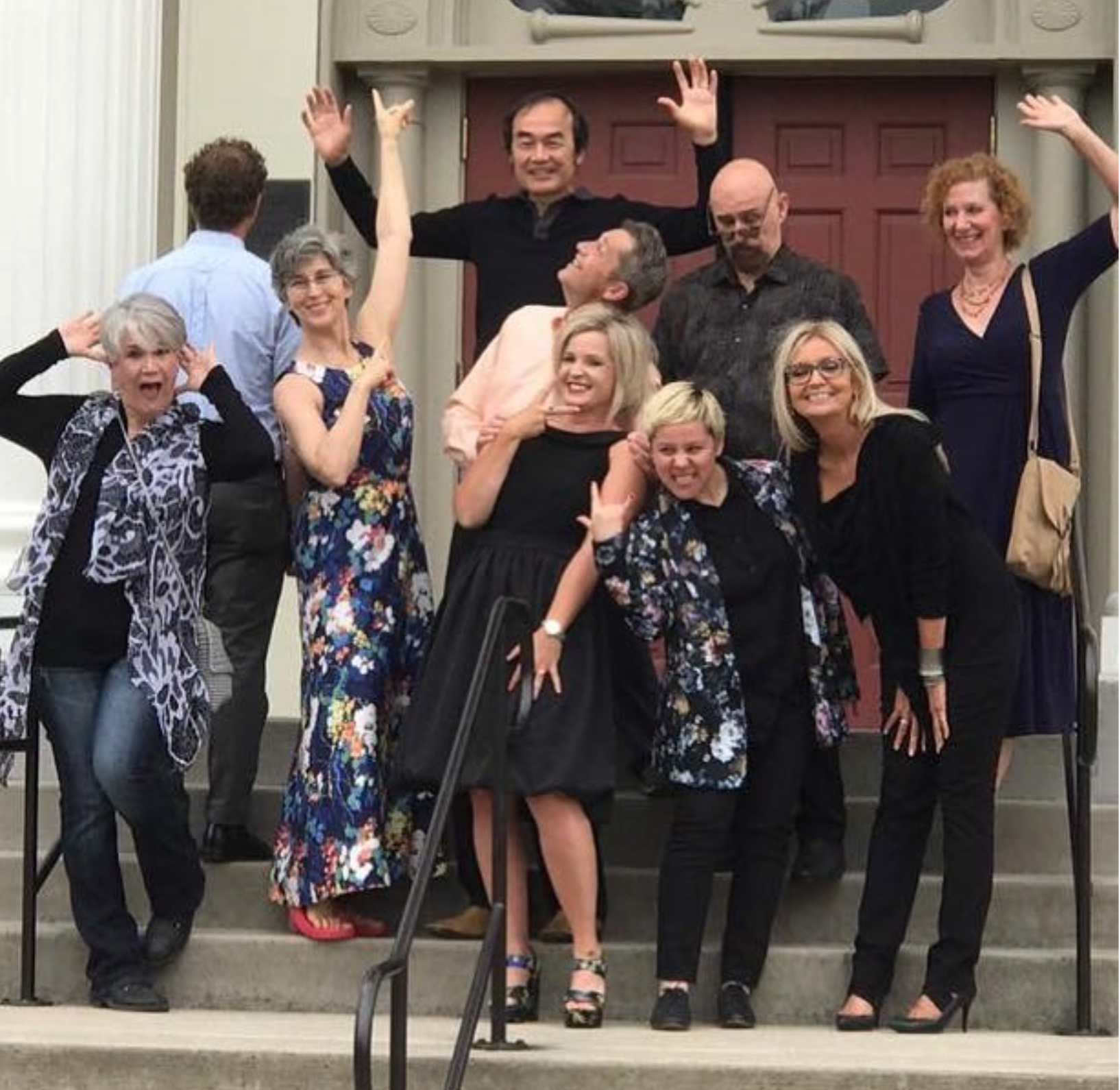 Didi Menendez far left with artists Daena Title, Zack Zdrale, Victor Wang, David Hummer, Steven DaLuz, Lesley Thiel, Ofelia Andrades, and Barbara Hack at opening of PoetsArtists exhibition PAINTING THE FIGURE NOW 2018 at WMOCA
