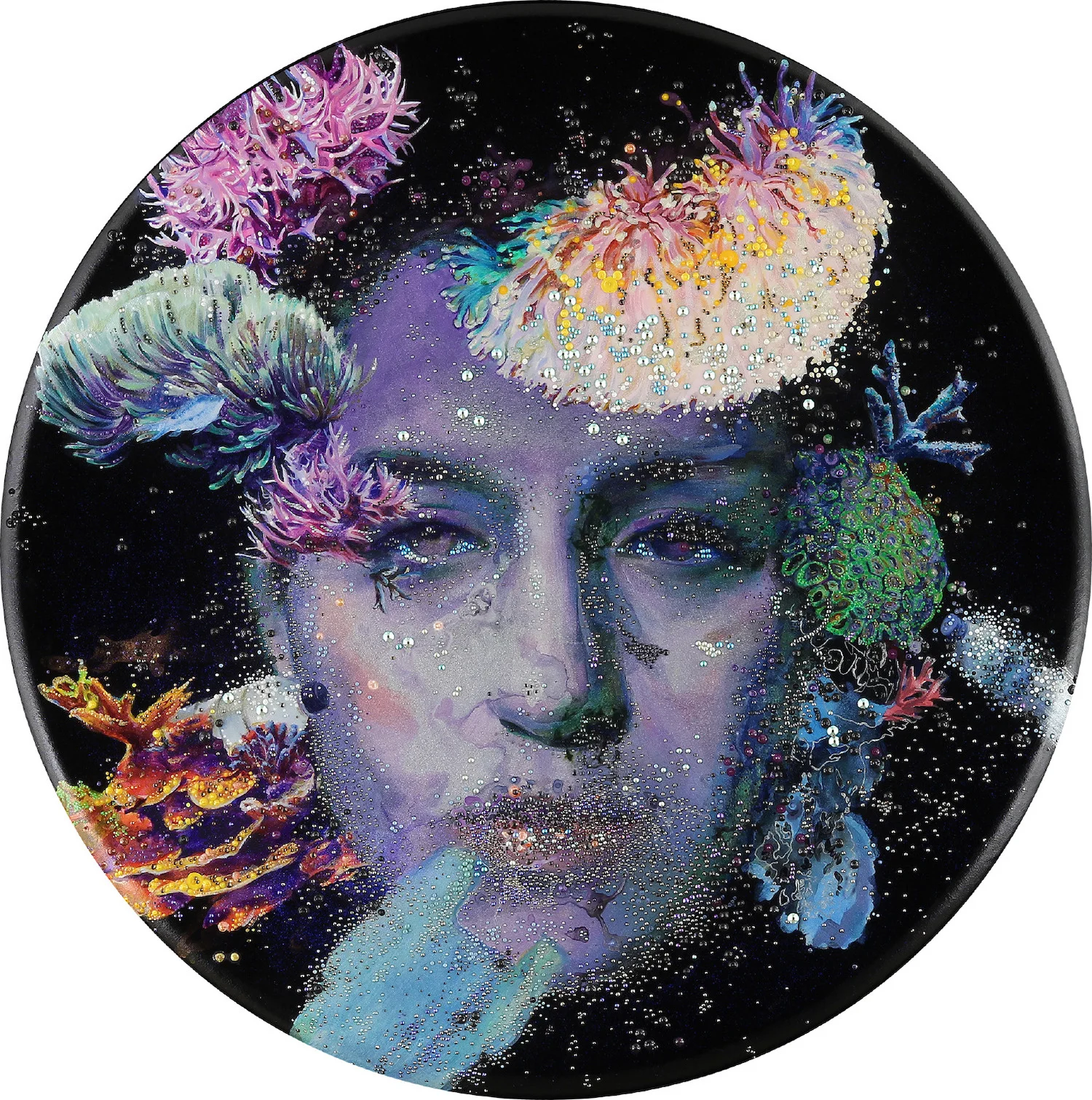 Plasticized | acrylic and crystals on canvas | 36” diameter | 2017