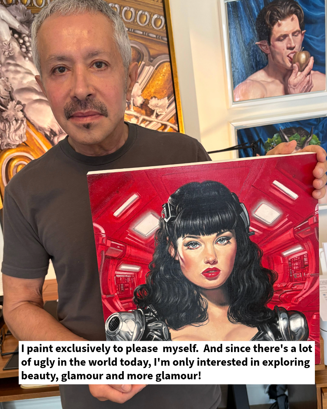 A man with short gray hair and a mustache holds a colorful painting of a woman with black hair and futuristic attire in an art gallery, with vivid background paintings visible.