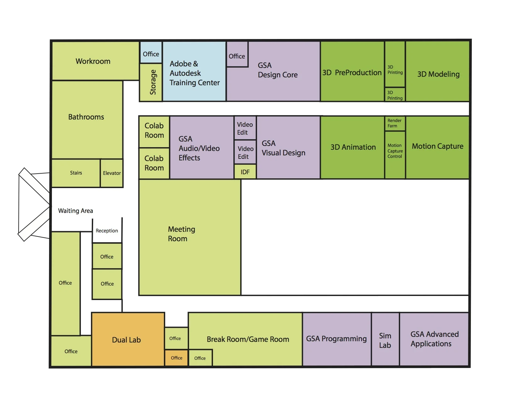 Proposed floor plan for the second floor. Eleven classrooms and labs for 5 programs.