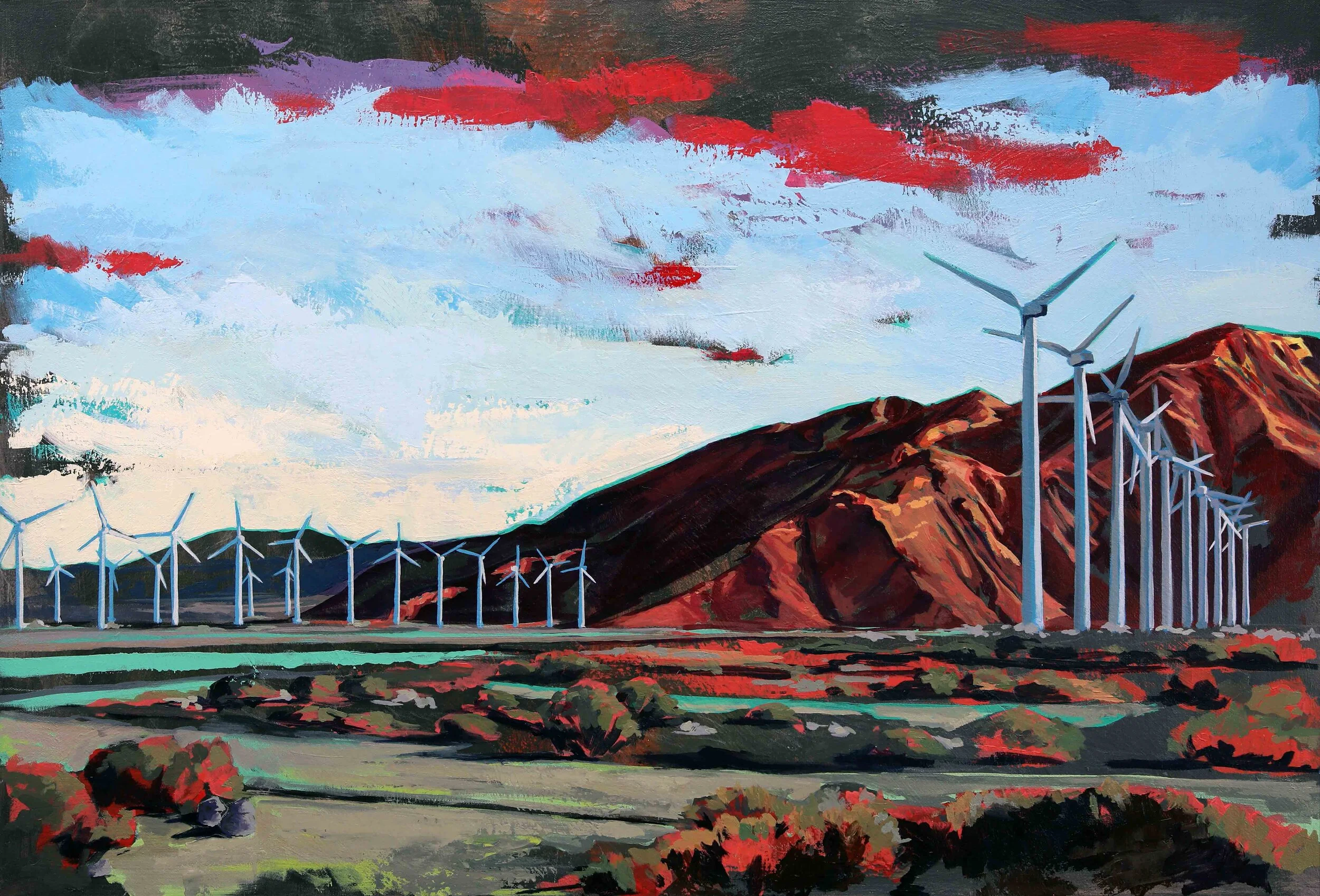 Windmills on the Drive to Palm Springs, 24x36, acrylic on canvas