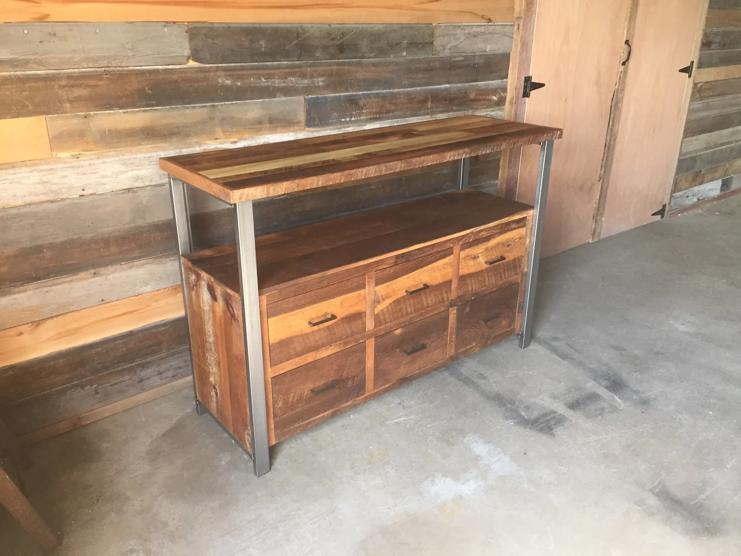 media console reclaimed wood shelving 3 storage book shelf from roughsawn old growth fir and recycled steel three shelf option