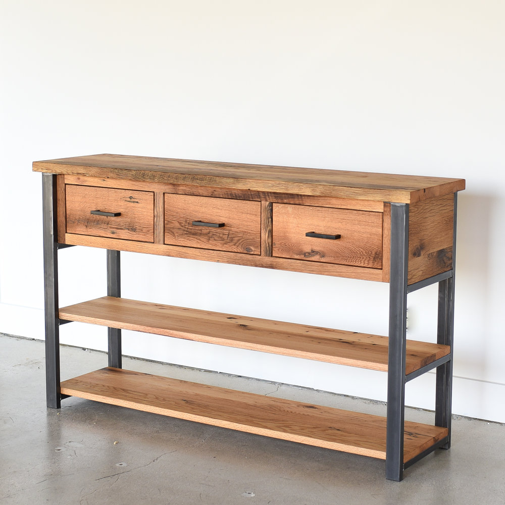 Reclaimed Wood 3 Drawer Storage Console, Reclaimed Wood Shelving Unit