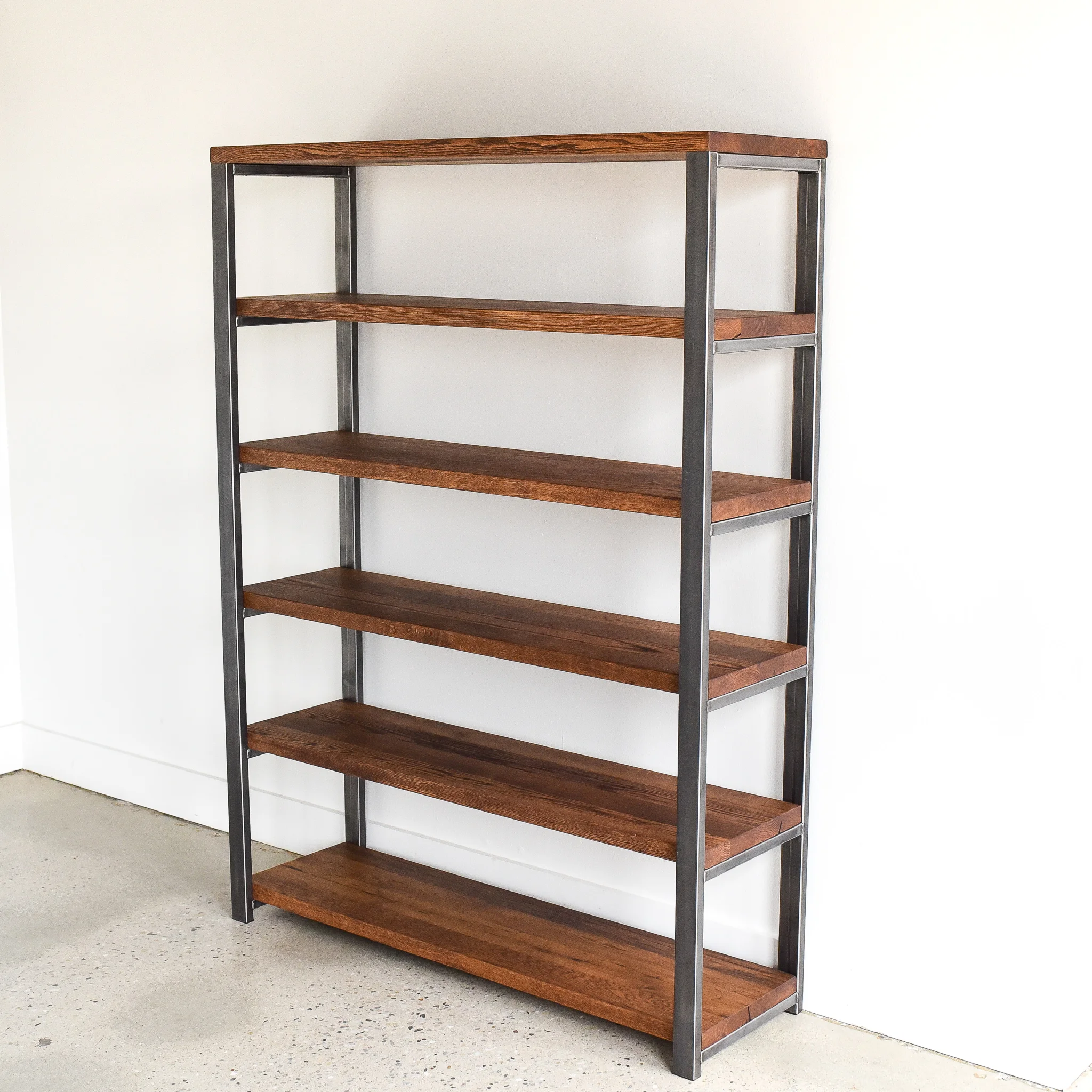 Open Industrial Bookcase with Reclaimed Wood Shelves