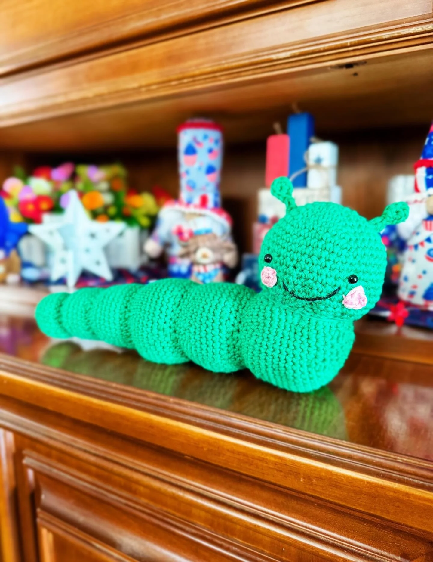 I was finally able to finish my Carlos the Caterpillar from @caterpillar__crochet this morning and I love him. He now sits on a display in my workout room that&rsquo;s also serving as my craft overflow room, focusing on cross stitch and plastic canva