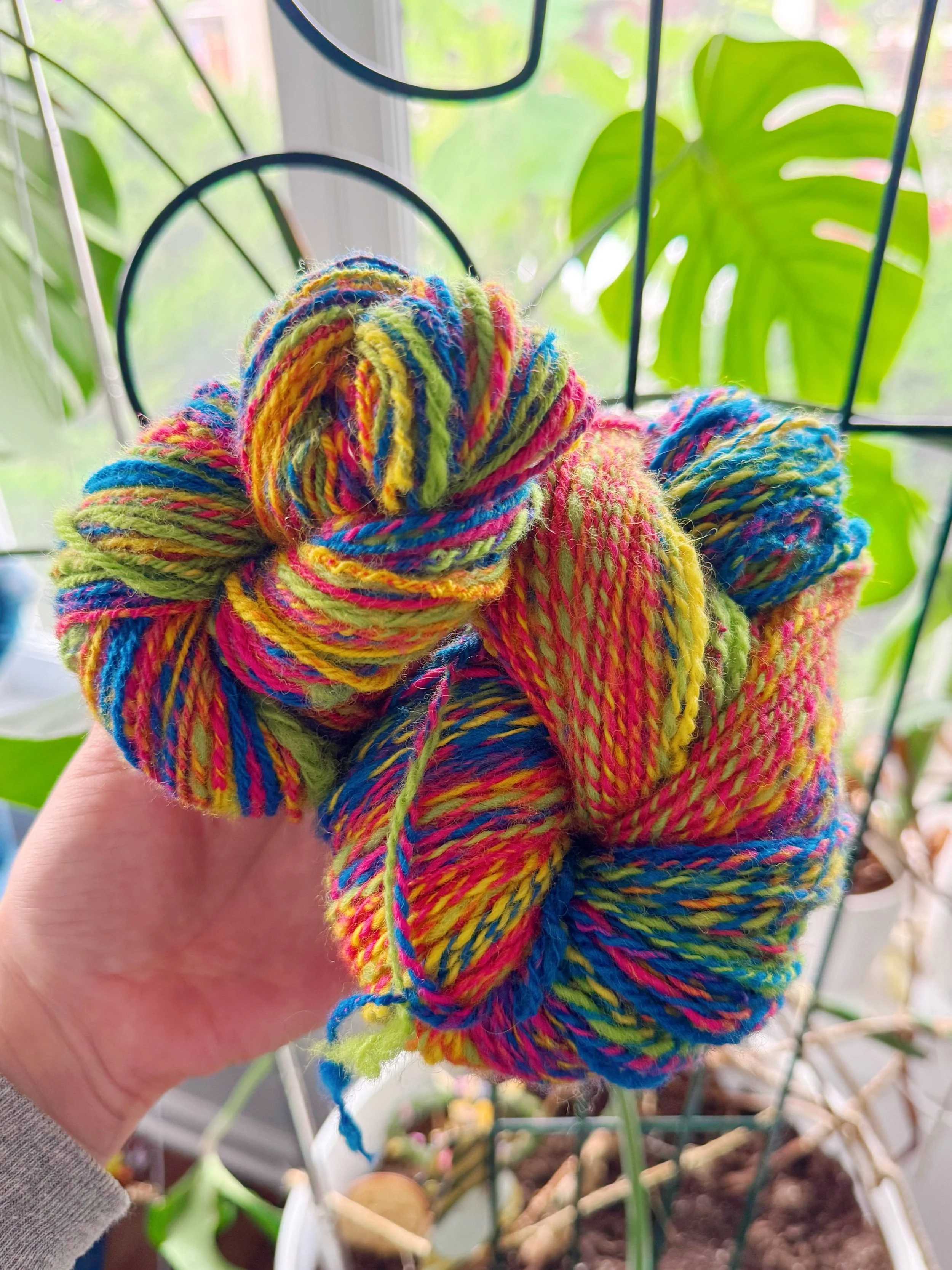 My first results from #tourdefleece2026 are in! We&rsquo;ve got baby&rsquo;s first chain ply and baby&rsquo;s first 2-ply, both on the same fiber to see the difference.. In fact, there are a lot of firsts in this photo, since this is also my first fi