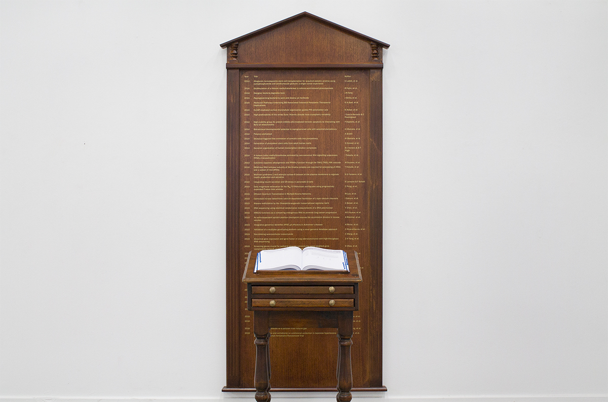Studies of Nature , 2017, Honour board, lectern, bound book. 110 x 250 x 175 cm. Image courtesy of the artist.