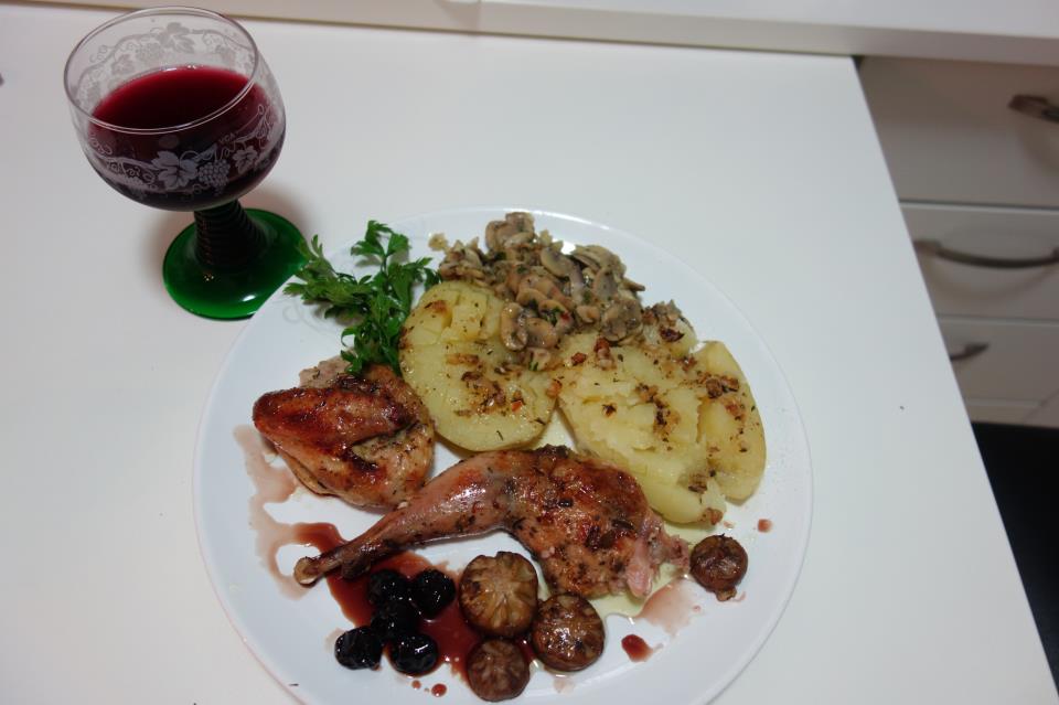 Roasted Pheasant with mushrooms and sweet sour cramberries