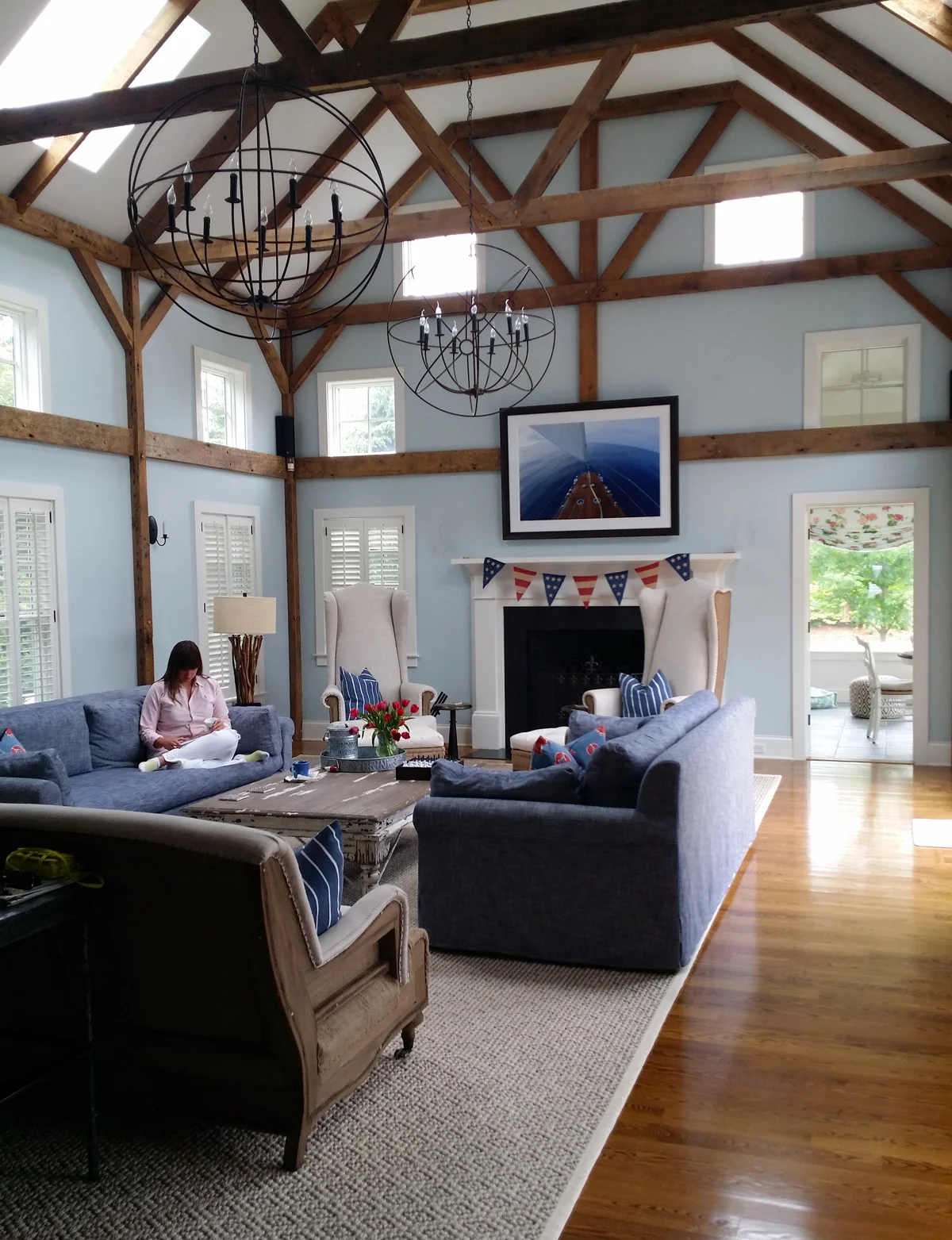 The tones in the wooden deck on the boat shown in this photograph are a great match to the wooden beams throughout this room.