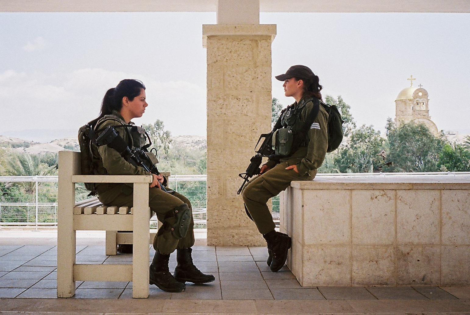Israeli soldiers at the Baptism Site, in the West Bank close to border along the Jordan River.