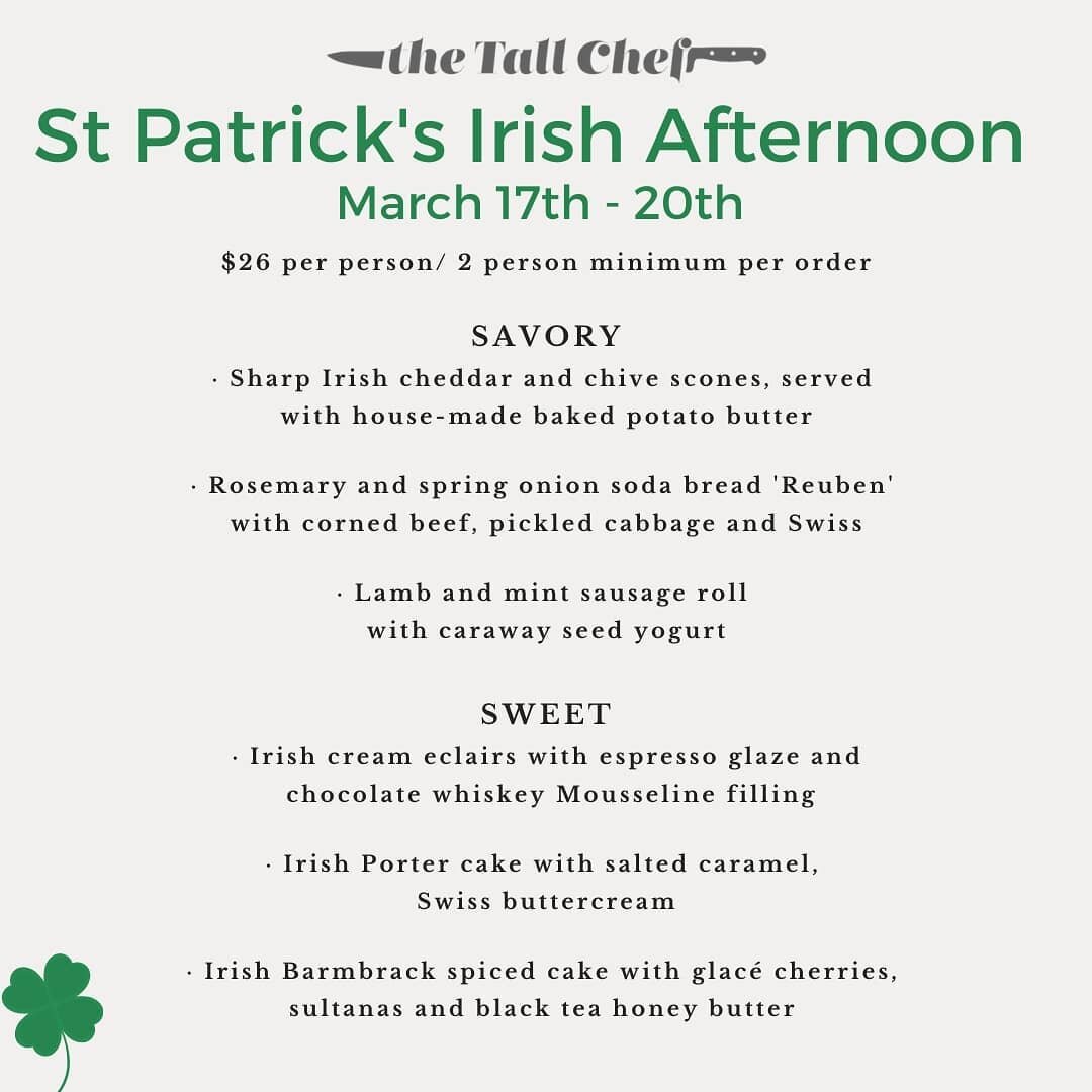 🍀 Next week the 17-20th of March we will be featuring a St Patrick's inspired Irish afternoon box filled with an assortment of savory and sweet bites.&nbsp;

Add on a delicious stout braised steak pot pie, buttery mashed potatoes and Dark Island Sco