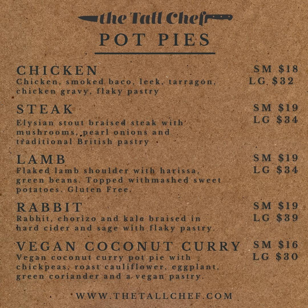 This week's menu available for pickup or delivery Wednesday - Saturday! 

🥧 All pot pies come ready to bake at 375&deg; for one hour. Smalls will feed 2-3, larges will feed 4-6.

🥗 We have nourishing and healthy sides to add into your weekly meal r