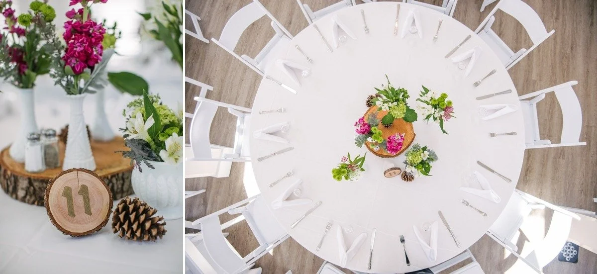 Montage showing a rustic wedding table setup, with the left side featuring a pine cone, tree trunk number 11, and flowers, and the right side showing an overhead flatlay of the full floral table setting.