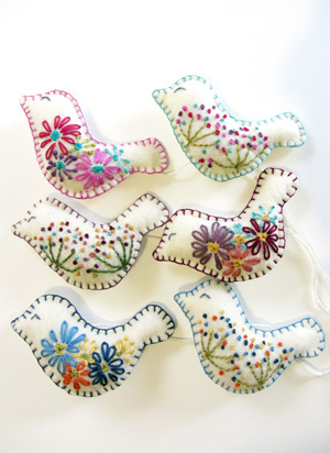 Hand embroidered birds on Eco Fi Felt
