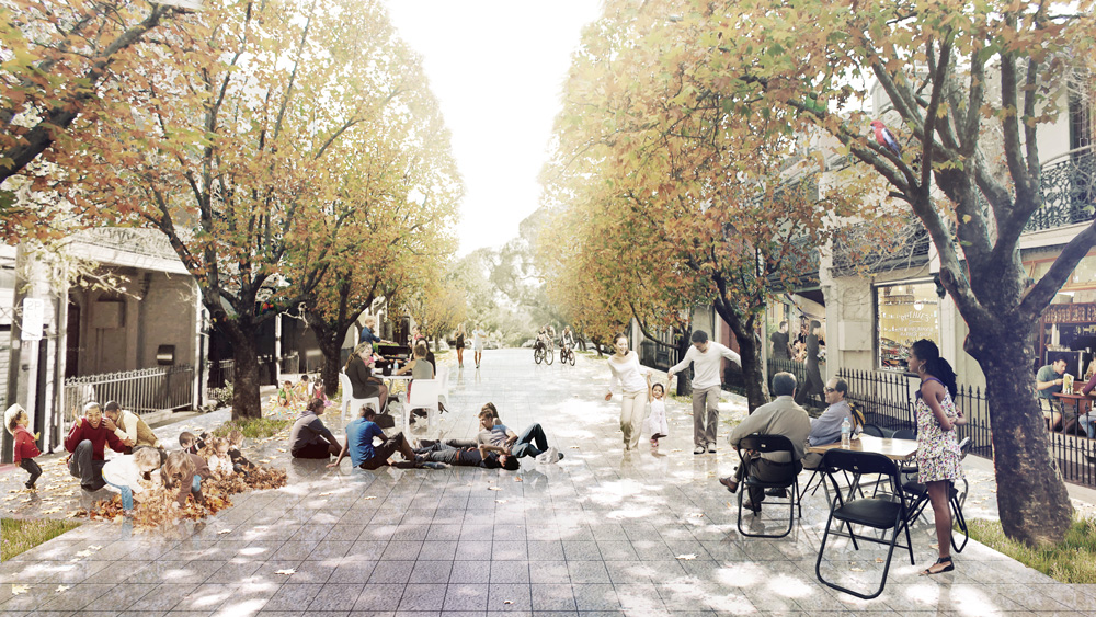 Glebe, Sydney 2040 As most private living rooms have been converted to home offices, small businesses or rentable bedrooms, the road has become the most important form of public space for residential areas - a shared living room where serendipitous activities can take place.